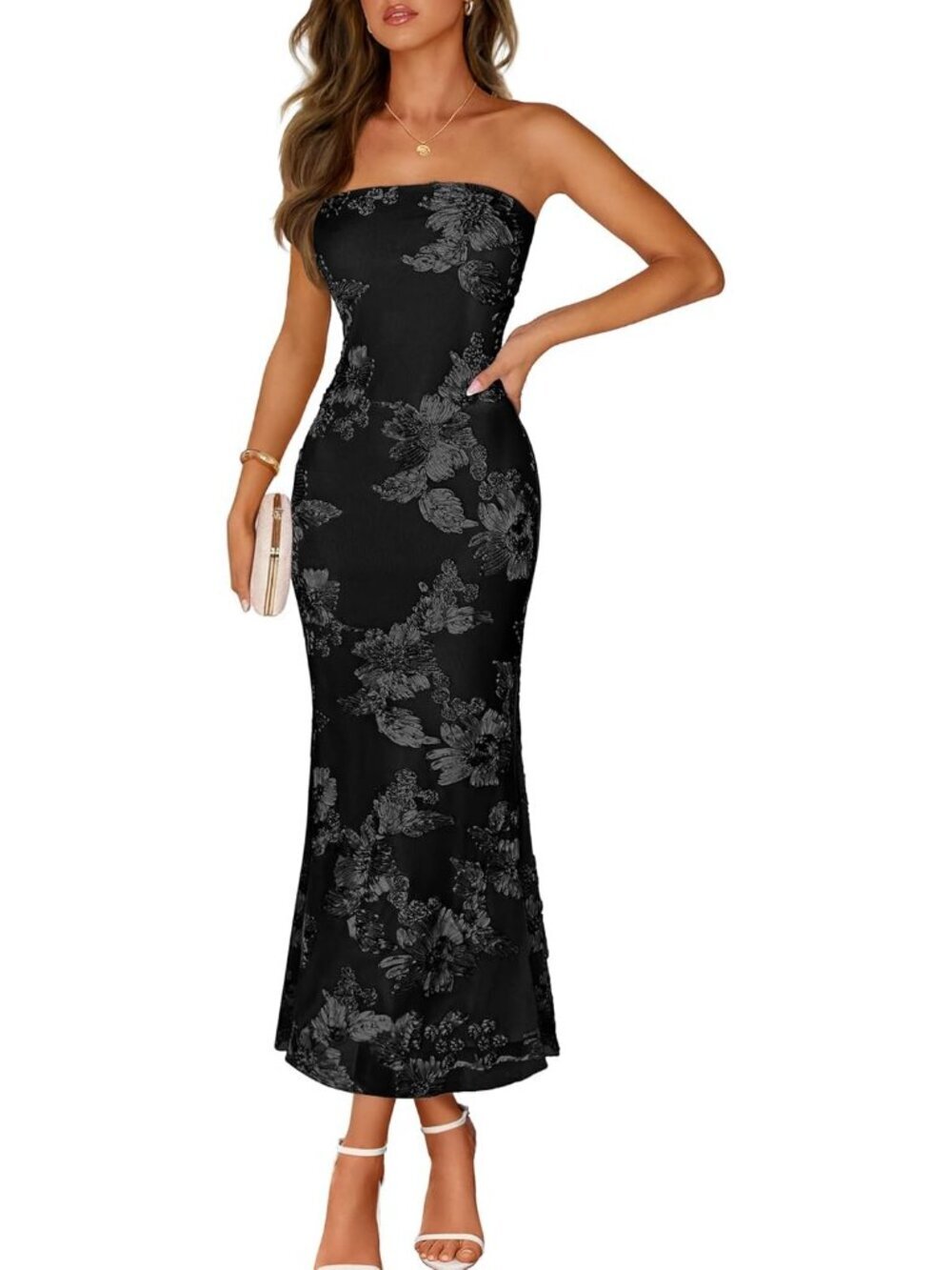Women's Floral Strapless Maxi Dress Black Summer Mesh Bodycon Formal Dress
